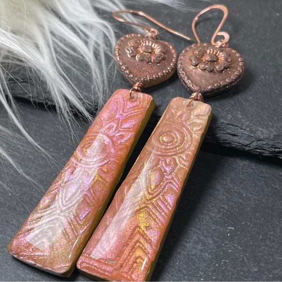 Hand Crafted Copper and Pink Dangle Embossed Resin Heart Earrings - Picture 10 of 13